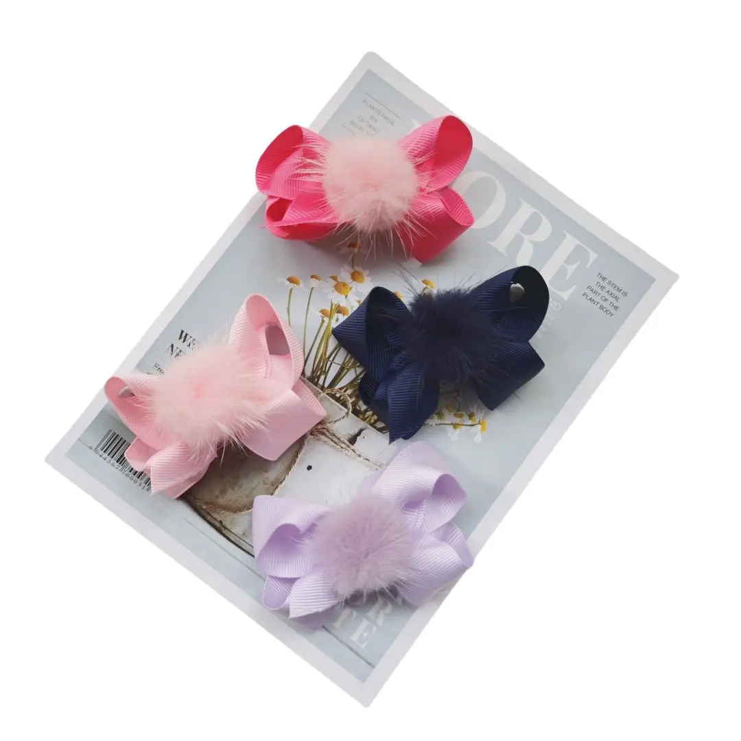 

Hair Alligator Clips 3 Inch Bows With Nature Fur Pompon Ball Elastic Hairband Baby Girls Bowknots Pompom Hairball Headwear 10PCS