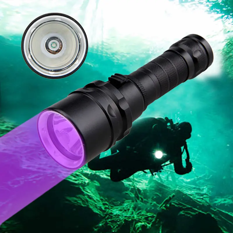 395nm UV Light Underwater Rechargeable Diving Flashlight 18650 Battery LED XPE waterproof Flashlamp 100M Torch Scuba 10W