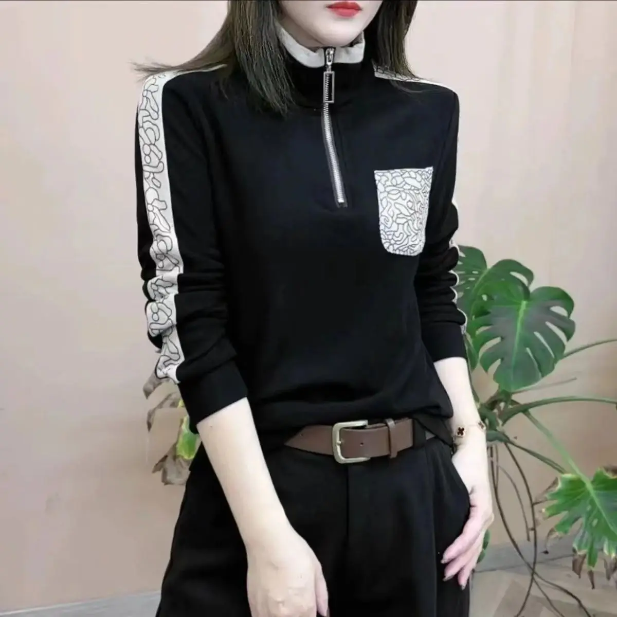 High End Women's Clothing Winter New Product Fashionable Double-sided Velvet Base Long Sleeved Warm T-shirt Zipper Women's Top