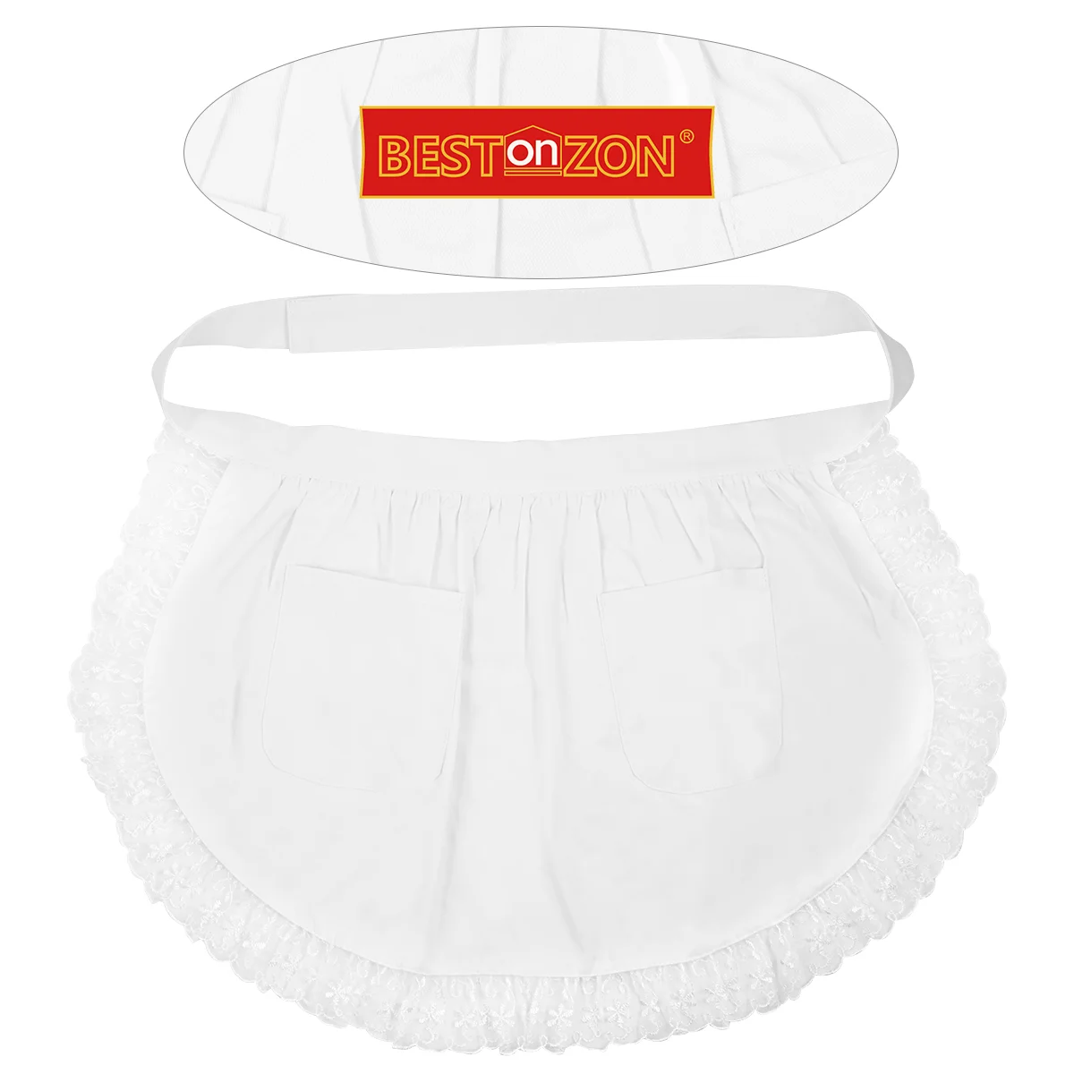 BESTONZON 1PC Cotton Waist Apron Lace Short Apron with Pockets for Maid Waitress Servant White