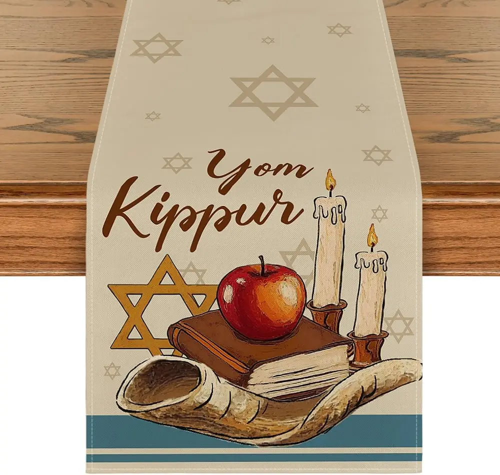 Yom Kippur Candle Shofar Linen Table Runner Jewish Holiday Table Decor Reusable Kitchen Dining Table Runner Yom Kippur Decor