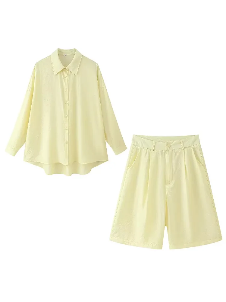 

HH Summer Women Fashion Slim Sets Yellow Lapel Long Sleeves Single-Breasted Shirts+High Waist Shorts Female Chic Suits