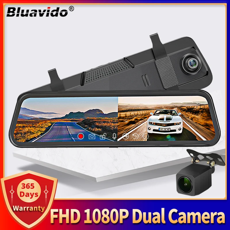 Bluavido Dual Camera FHD 1080P Dash Cam 10 Inch Car Rear View Mirror DVR Auto Video Recorder Night Vision Loop Recording