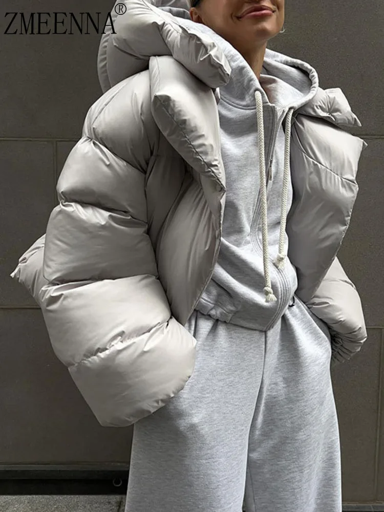 

ZMEENNA Women's Short Puffer Jacket Light Gray Oversized Cropped Hooded Coat Winter Warm Outerwear For Daily Casual ZM3754