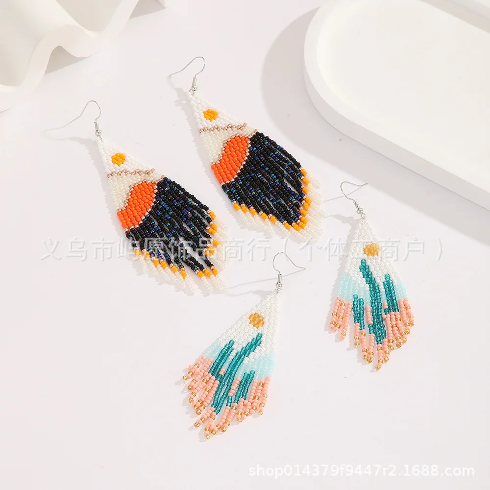 Rice bead earrings Tassel View Cactus Design Originality Hand knitting Bohemia Alloy Fashion Simple Beaded earrings