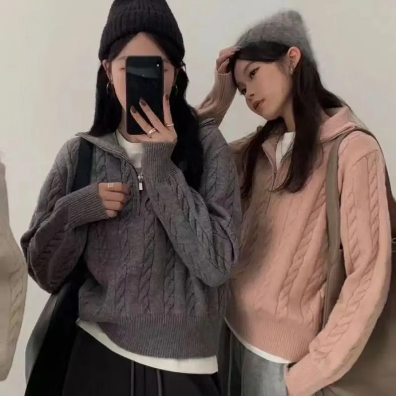 Autumn Winter South Korea Thick Knitted Top Women's Vintage Fried Dough Twists Half Zipper Lazy Versatile Short Pullover Sweater