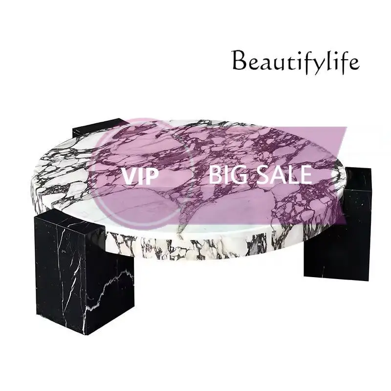 Nl 100 Pure Luxury Calactta Viola Marble Round Top Coffee Table With Black Marquina Marble Leg For Home Living Room