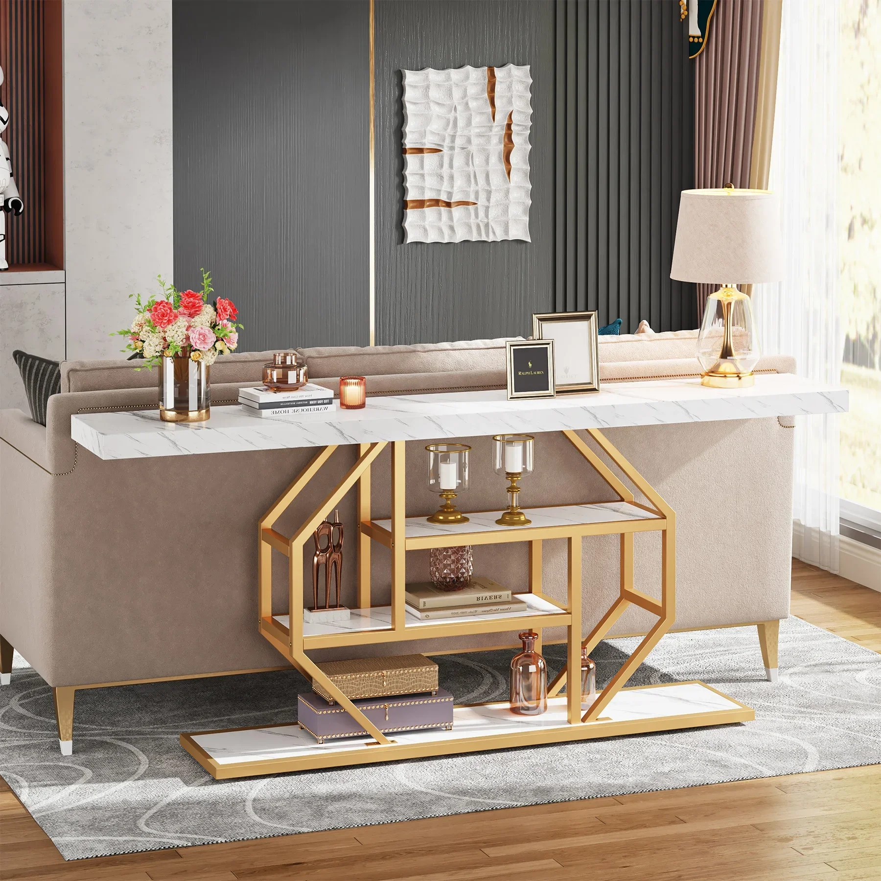 Tribesigns 70.9 inch Extra Long Console Table, Modern Gold Sofa Table Behind Couch with Storage, 4 Tier Entryway Accent Table