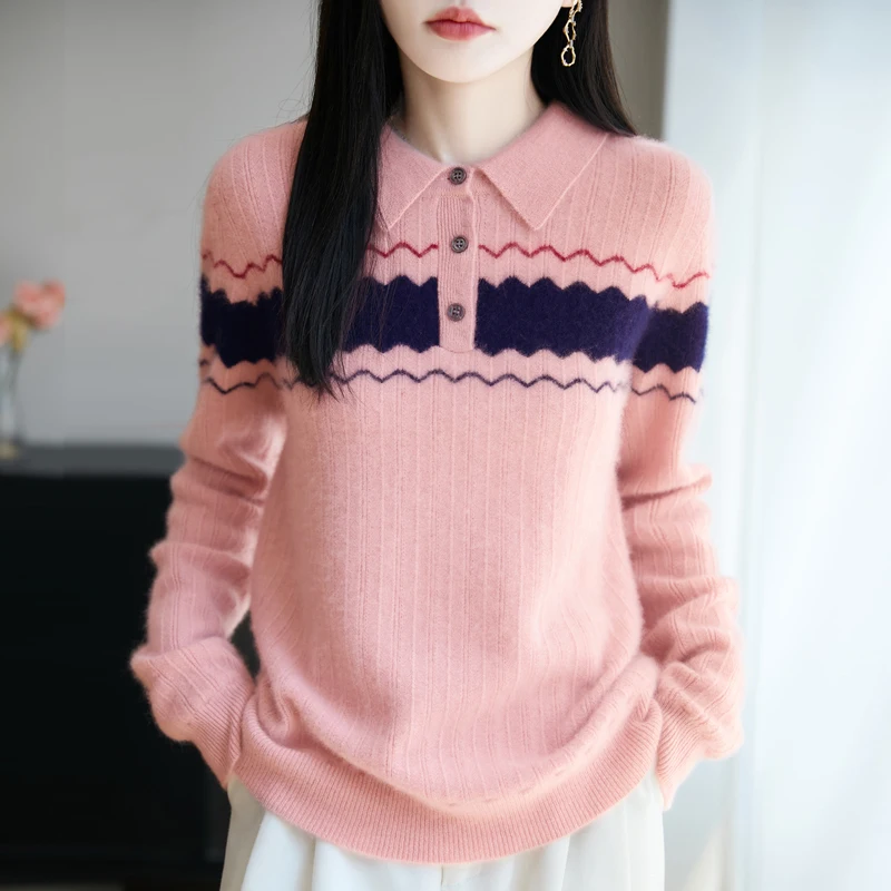 TLOML 패션 여성용 울 하프 버튼 턴다운 칼라 풀오버 캐시미어 스웨터 가을 겨울 100% 메리노 울 니트 캐주얼 탑