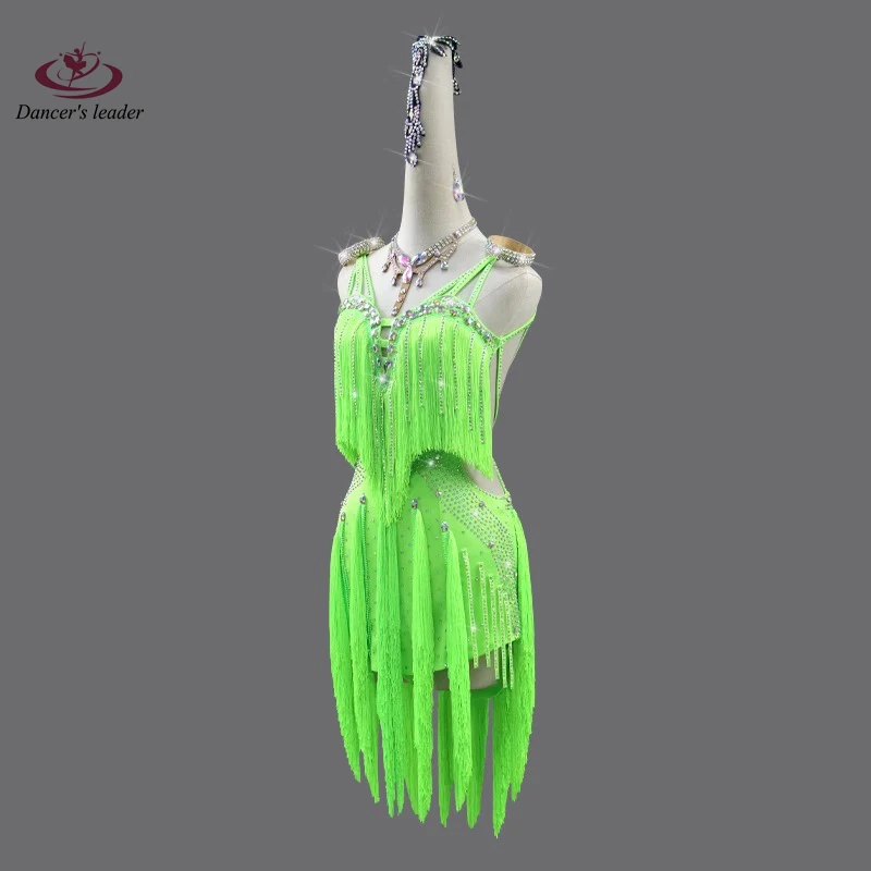 Latin Dance dress High-end Custom Green Stitching Tassel with Diamond Tango Female Adult Stage Professional Clothing