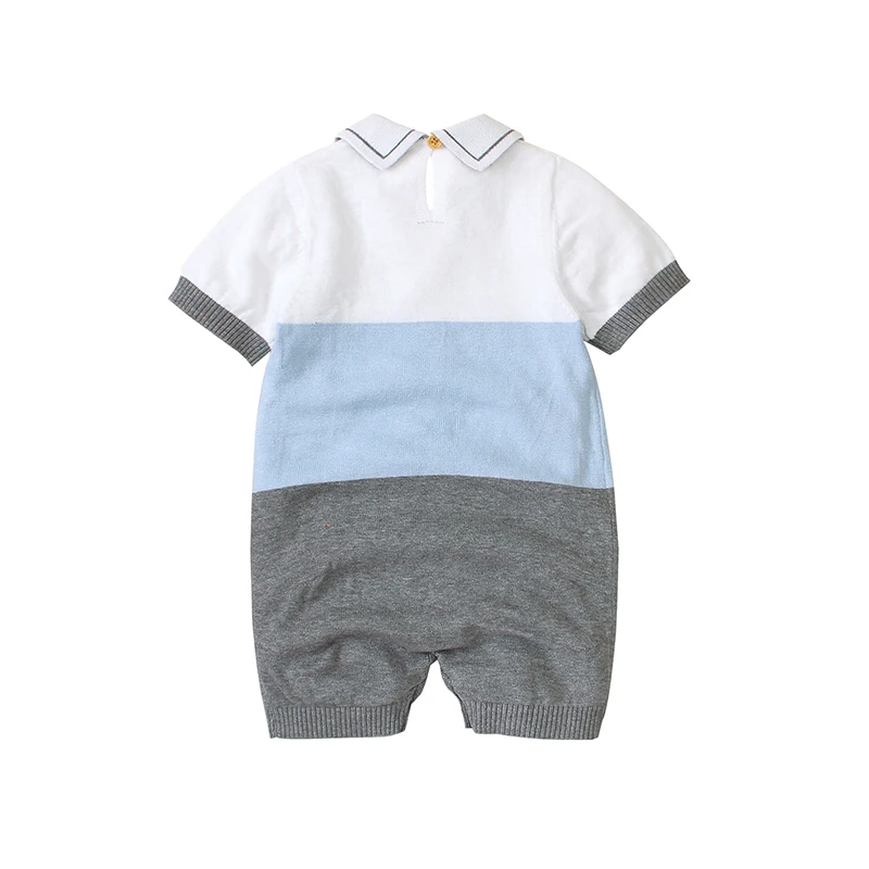 

Wholesale Popular Knitted Print Doll Collar Short Sleeve Newborn Baby Girls Onesie For Summer Infant Pajamas Clothes Rompers