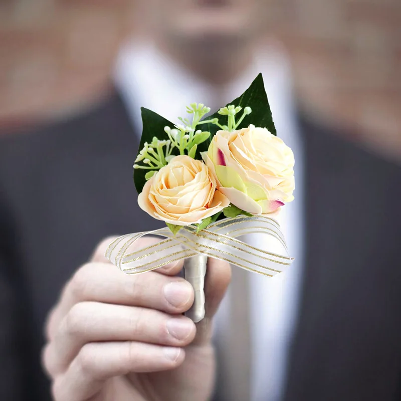 

Yellow Pink Wedding Corsages Groom Boutonniere Silk Rose Man Brooches Wedding Bridesmaids Corsage Small Flower