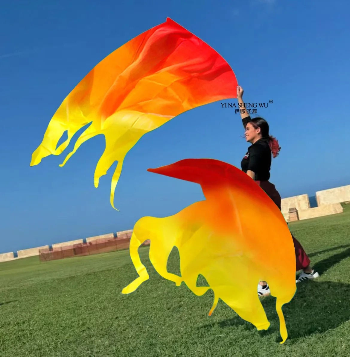 Prophète culte louange danse voile de soie drapeau fluide département drapeau tige incurvée femme soie danse du ventre culte ventilateur voile 200*114