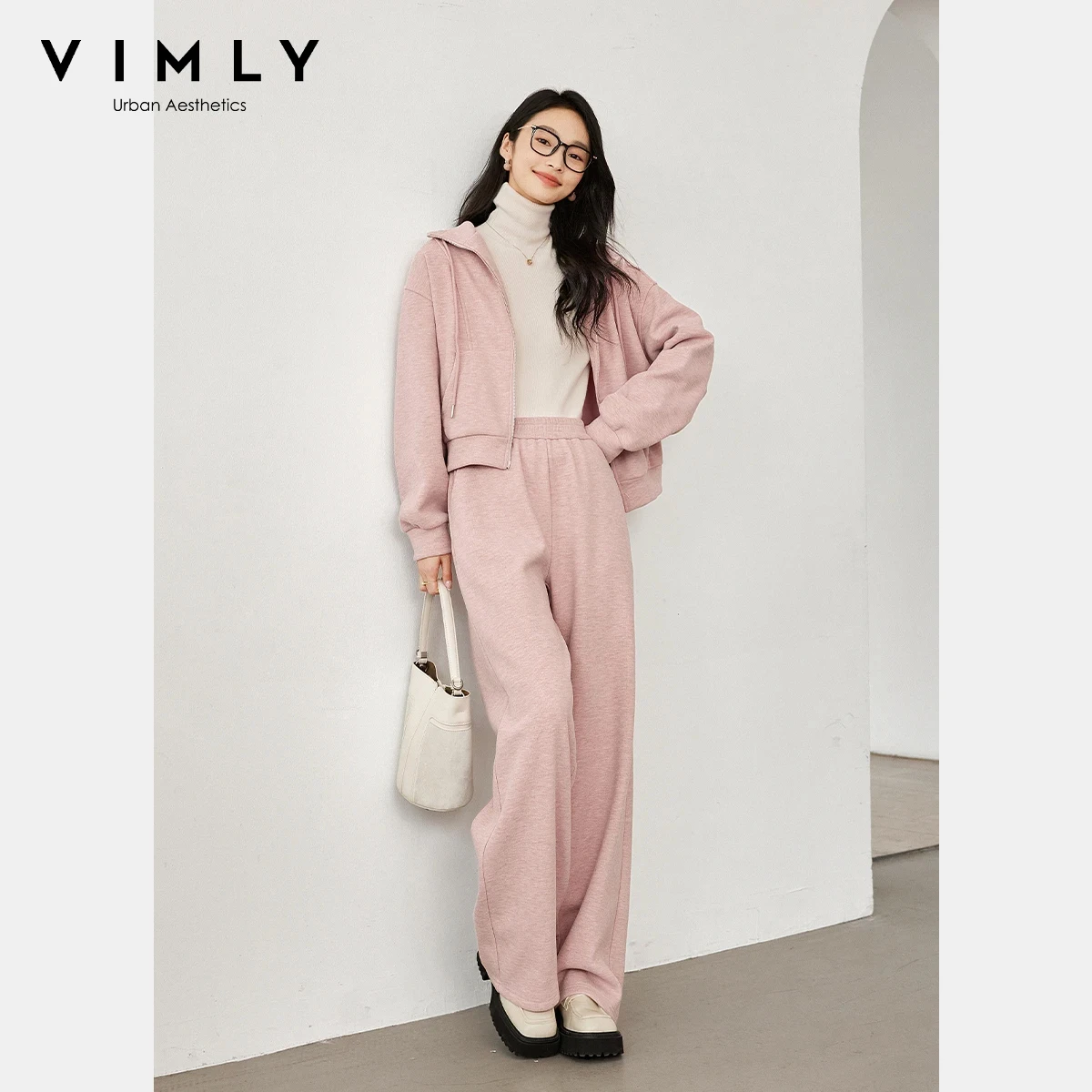 VIMLY Women's Tracksuit Set 2026 New Draw String Oversized Zip Up Hoodies Wide Leg Long Pants Casual Ladies Trouser Sets M9266