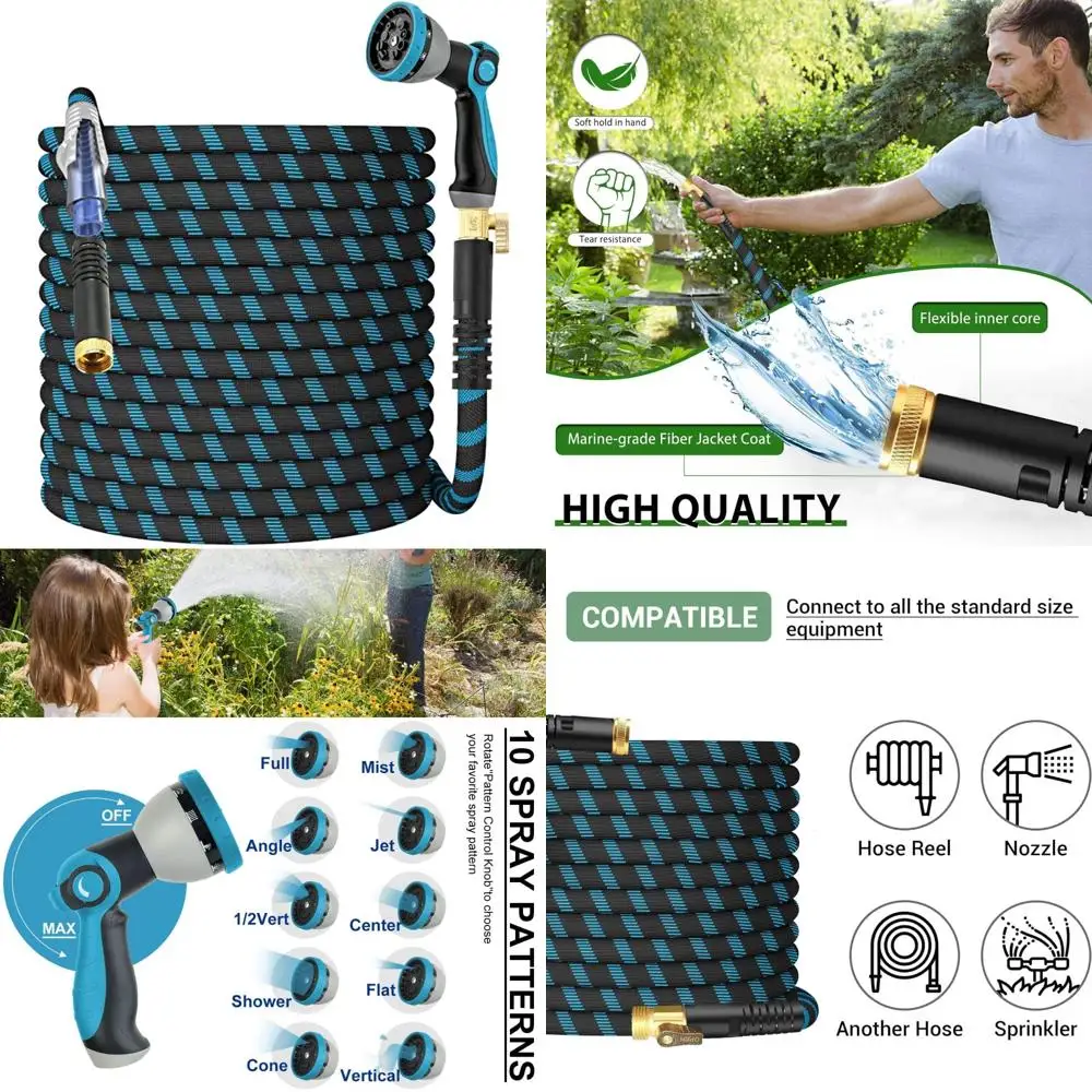 

Flexible Lightweight Non-Expandable Garden Hose with 10-Pattern Spray Nozzle, Kink-Free and Leak-Proof for Outdoor Watering Need