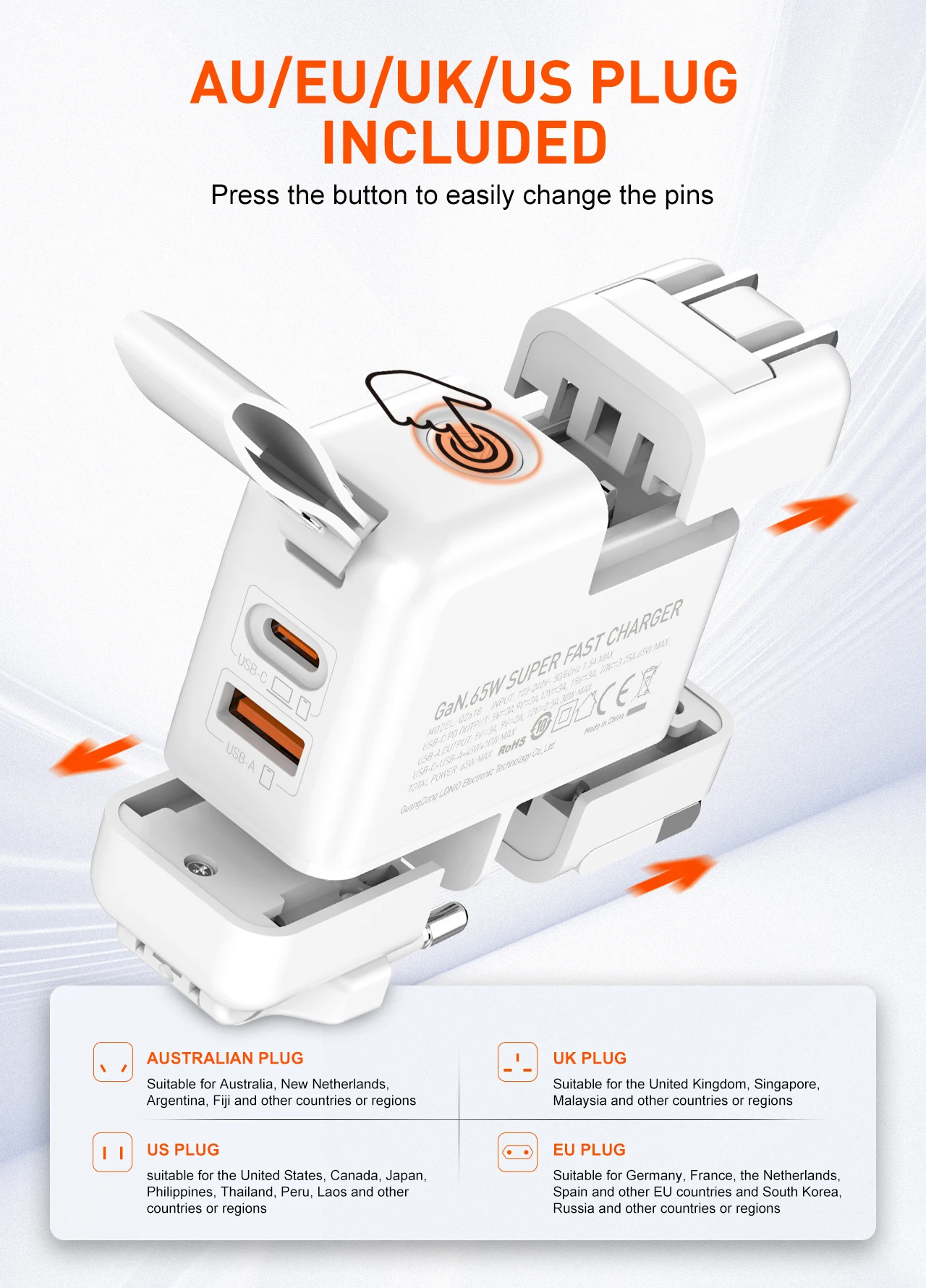 LDNIO GaN 65W international Travel Charger Universal Travel Adapter With1 QC3.0 USB A PD Type C Power Adapter for US EU UK AUS