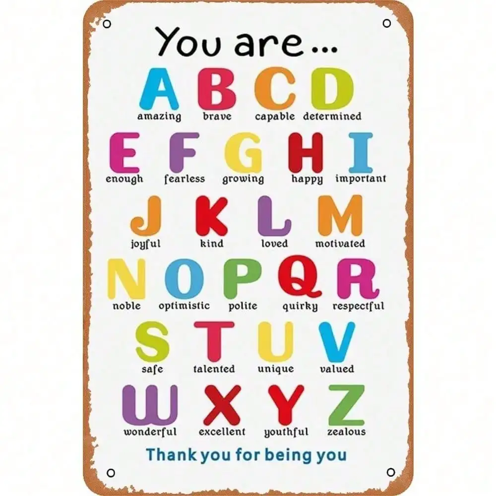 （2D Tin painting）Vintage 8x12 Inch ABC Alphabet Tin Sign, Colorful Retro Metal Poster for Home Office School Wall Decor
