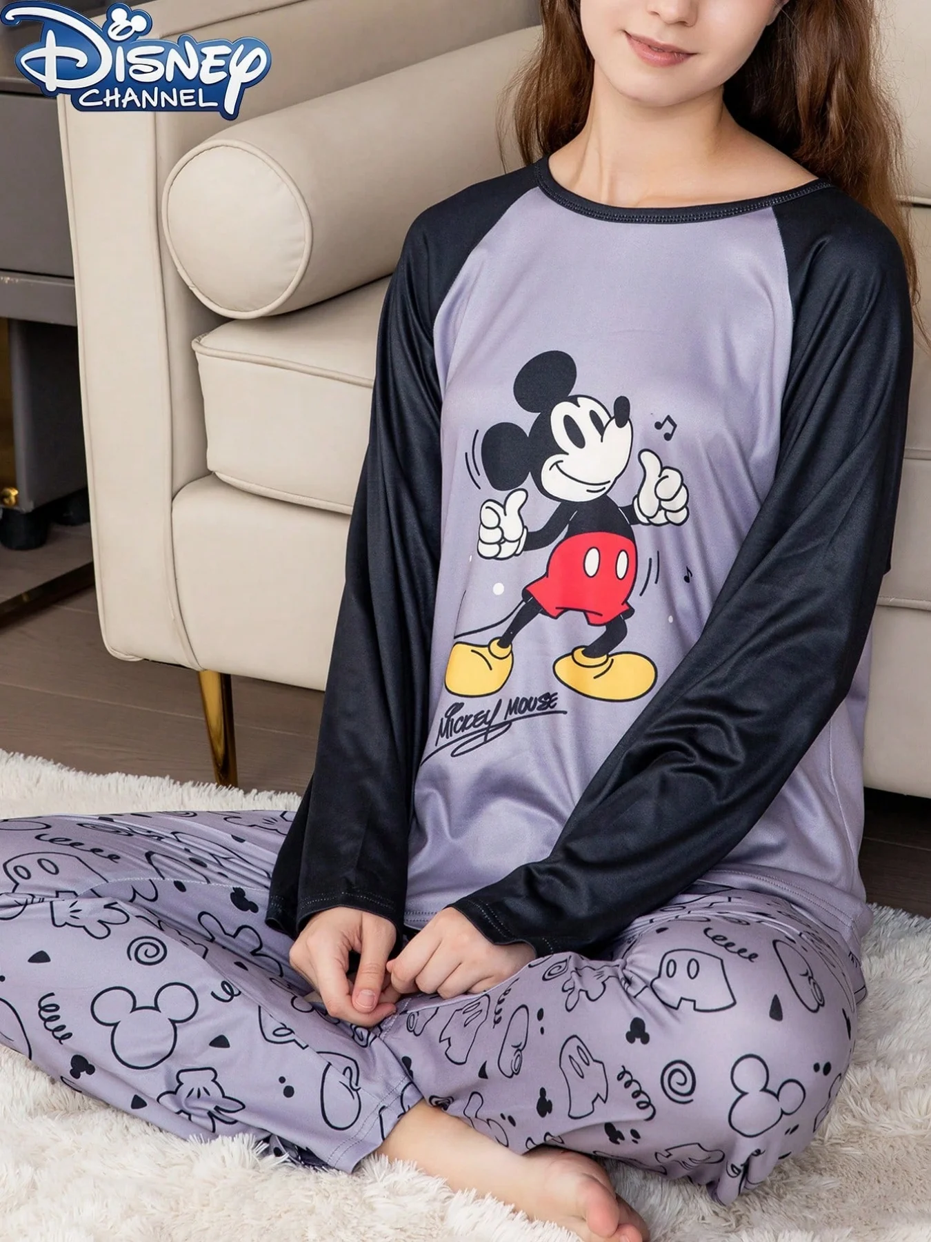 

Женский пижамный комплект Disney из 2 предметов с милым мультяшным Микки Маусом, 1 топ с круглым вырезом с длинными рукавами и 1 свободные брюки
