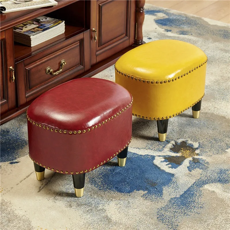 Langduo American leather sponge stool household creative sofa shoe stool low stool shoe  solid wood light luxury seat pier