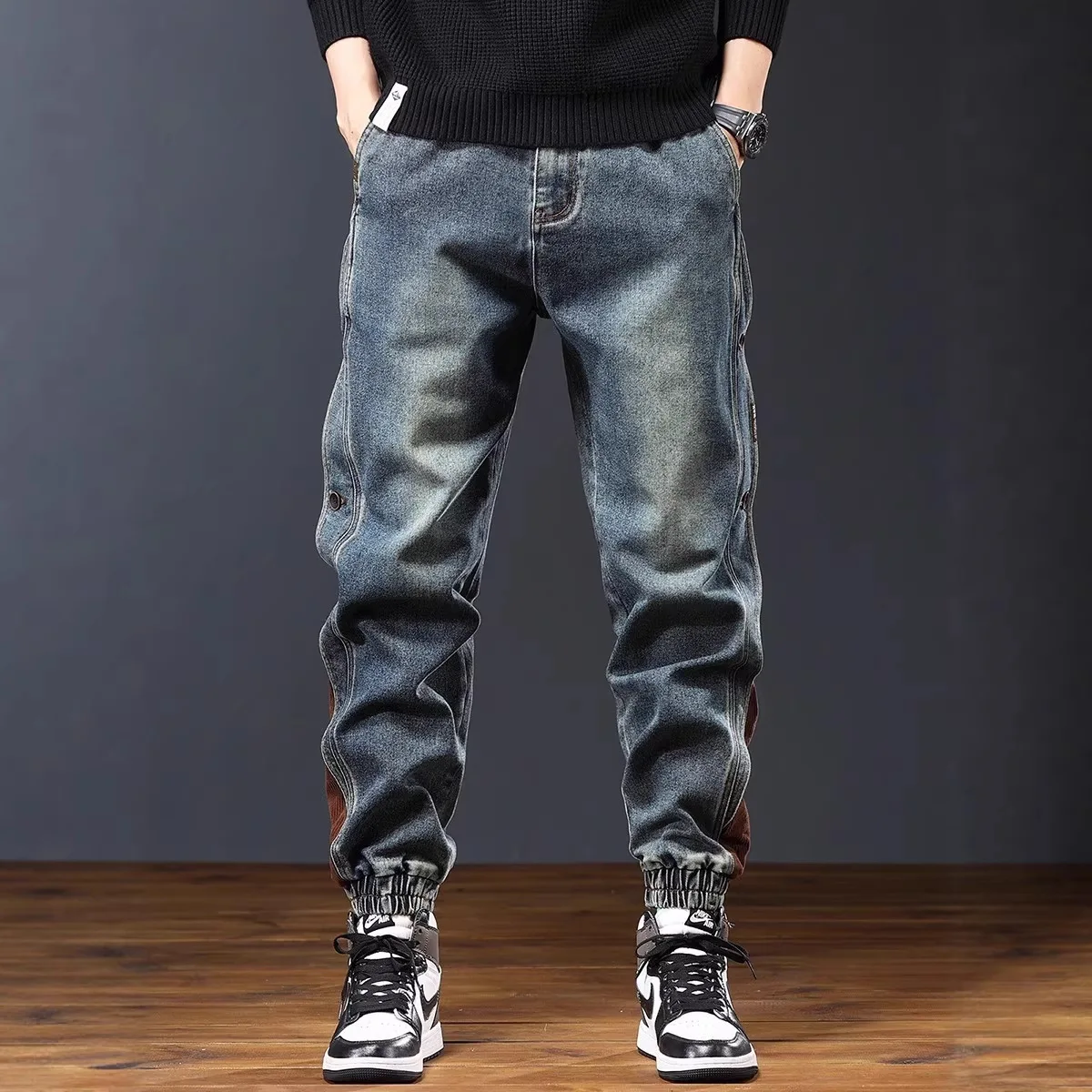 Spring And Autumn New Retro Jeans Men's Trendy American Splicing Harlan Loose Versatile Casual Trend Leggings
