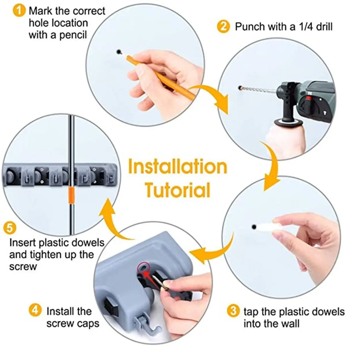 Wall Mount Storage Broom, Mop Holder or Tool Organizer with Hooks and Slots for Home, Garage, Garden, Laundry or Kitchen