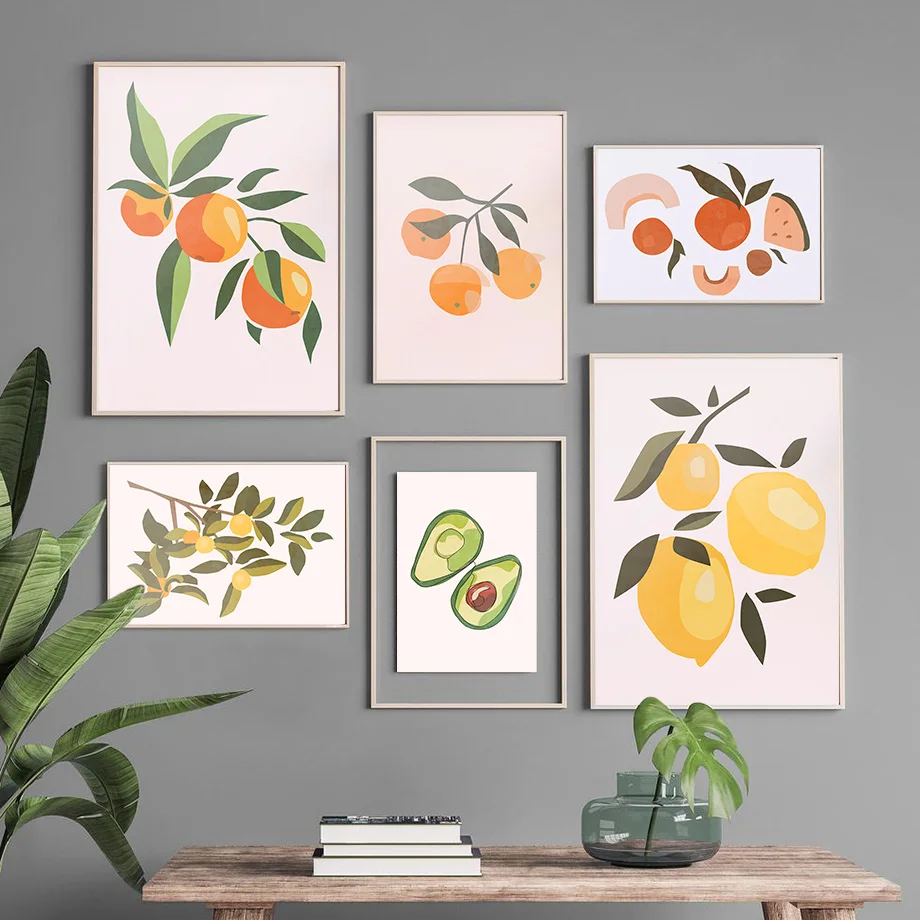 Fruta, limón, naranja, melocotón, aguacate, arte de pared, impresión estética, pintura en lienzo, carteles para sala de estar