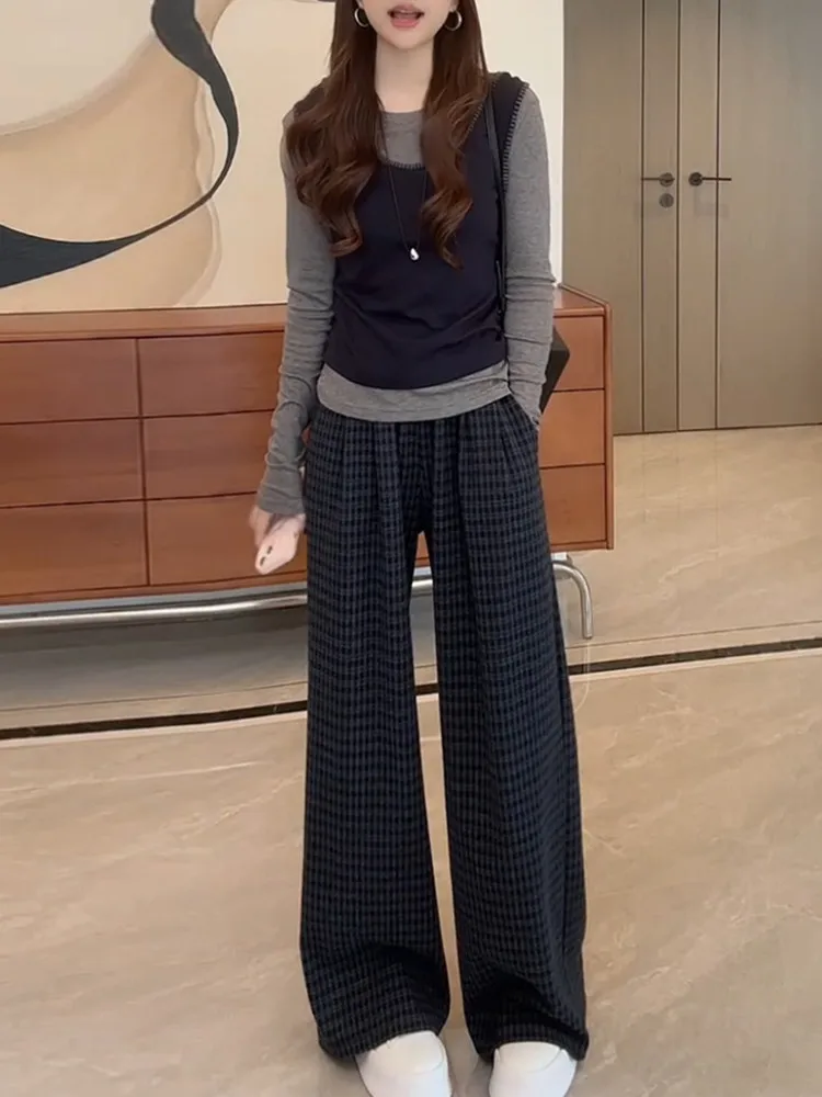 

Faionable Casual Women's Set High Waist Wide Leg Pants Long Sve T-irt Two-Piece Spring Autumn New Arrival Color Blo