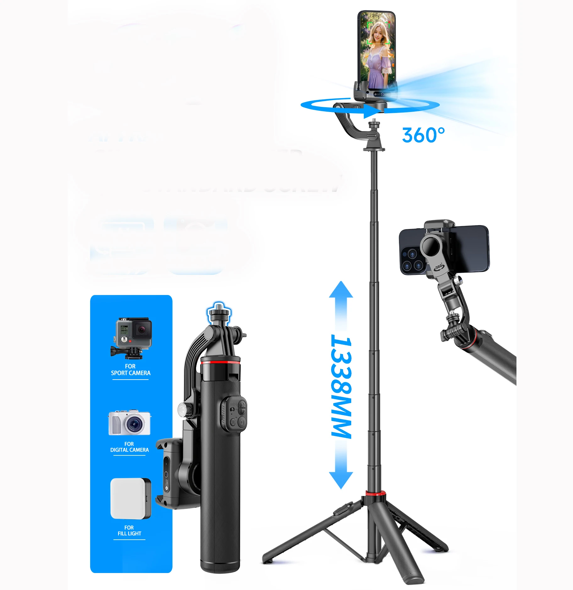 C22 AI Face Tracking Gimbal Stabilizer Extra-long  Adjustable Portable Multifunctional Stable Tripod Selfie Stick