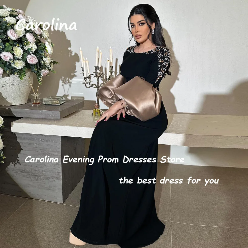 Carolina Black Beading O-Neck Crepe Mermaid Evening Dress Saudi Arabia 2024 Slim Satin Long Sleeve Floor-Length Prom Dress