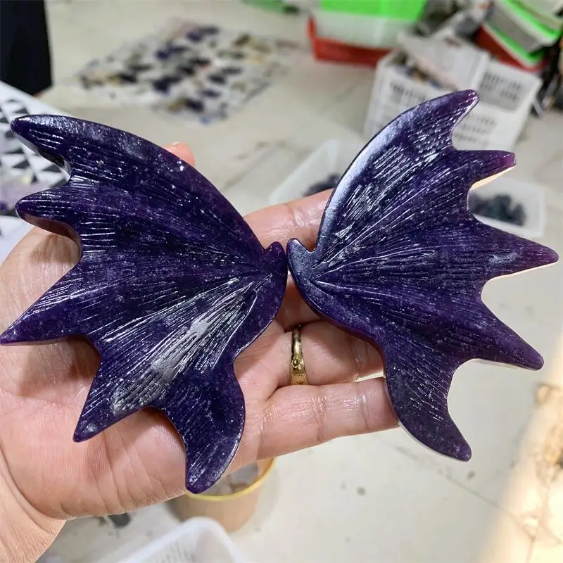 Natural Lepidolite Bat Wings Crystal Animal Carving Crafts Healing Energy Stone Fashion Home Decoration Gift 1pair