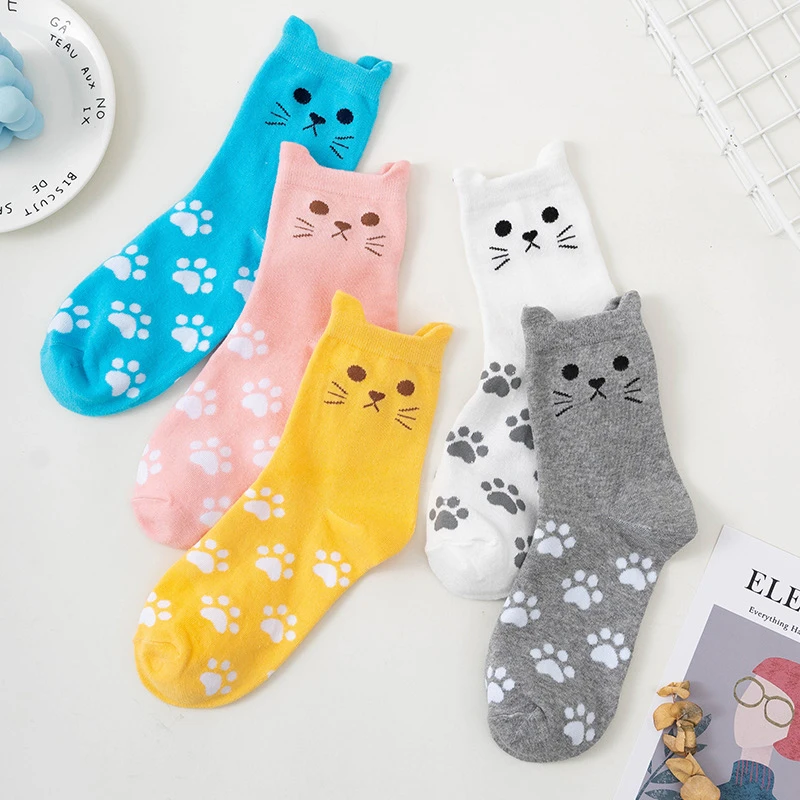 Cute Cartoon Cat Women Crew Socks Spring Autumn Kawaii Kitty Cat Paw Print Candy Color Harajuku Casual Female Mid Tube Socks Sox