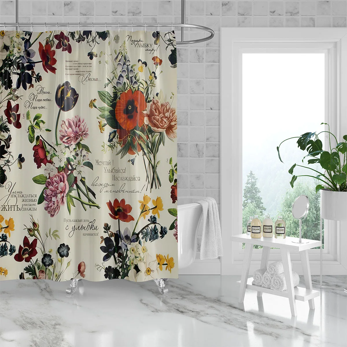 1PC retro flowers pattern printed shower curtain, waterproof and washable, with 12 hooks, bathroom showers, bathtub, home use