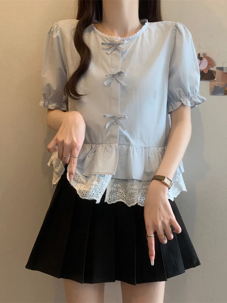 

Женский топ больших размеров с кружевной отделкой, круглый топ Ne ort Sve irt с узлом, летний утягивающий повседневный топ со скрытым мясом...