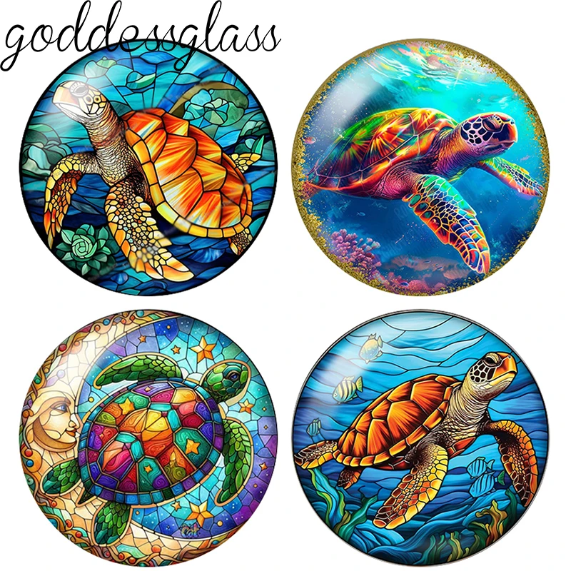 Sea Animals sea turtle artistic drawings 10pcs 12mm/20mm/25mm Round photo demo glass cabochon flat back Making fittings