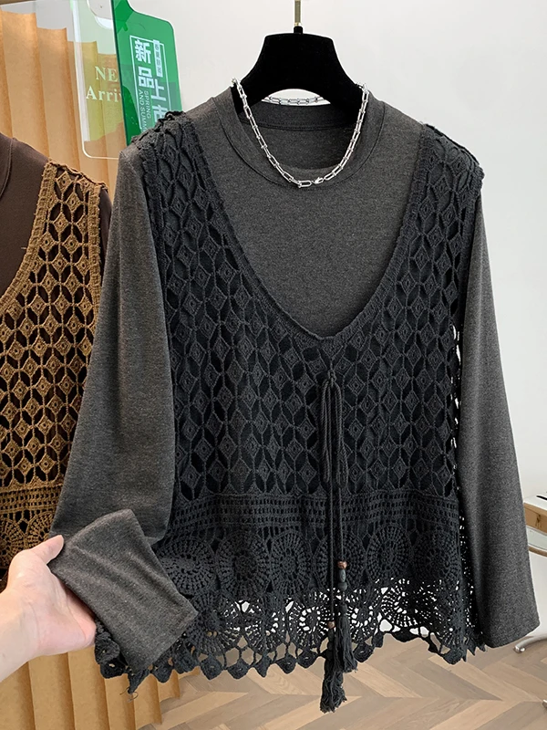 Women's Hooked Hollow out Long Sleeve T-Shirt Two-Piece Set Casual Style Loose Fit Top Layering Vest Autumn Collection