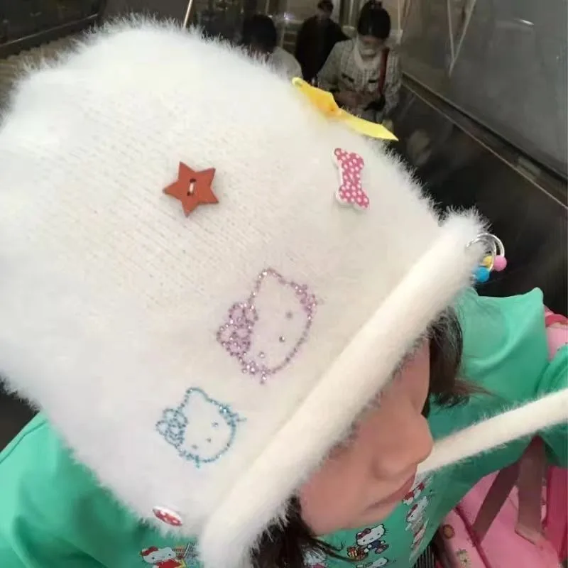 Hellokitty Hat Hot Diamond Women's New Autumn and Winter Fluffy Kt Cat White Cute Headhat Hat Circumference 56 58