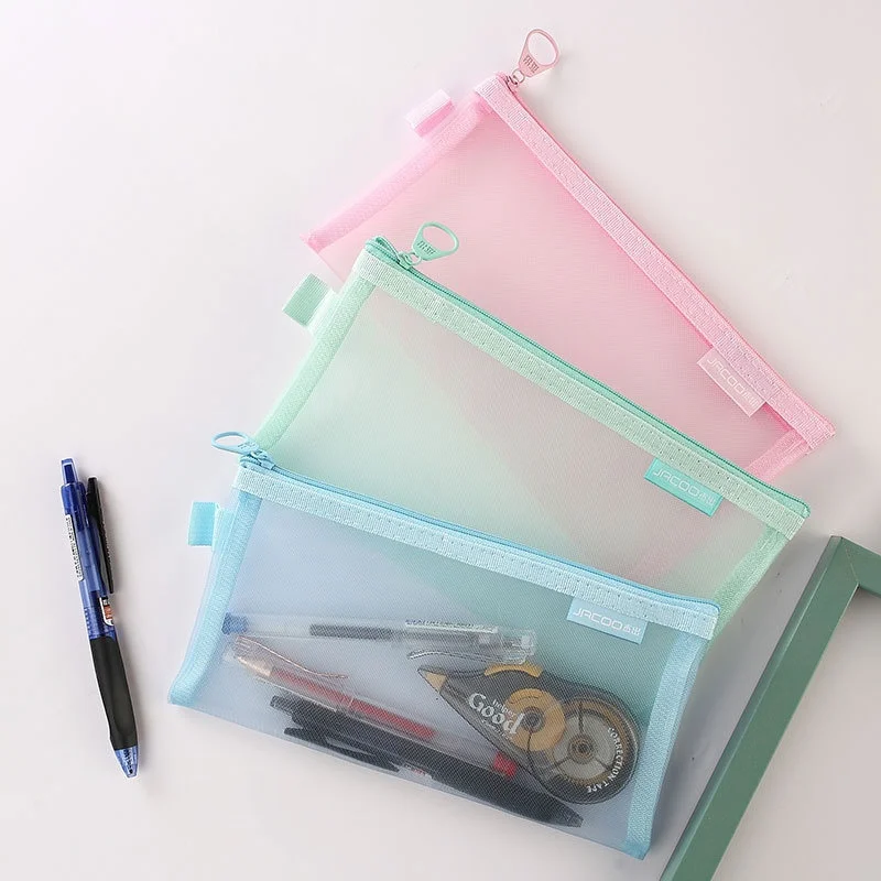 A6 File Pocket Folder Simplicity Candy Color Pencil Case for Kids Transparent Nylon Gauze Durable Stationery File Storage Bag