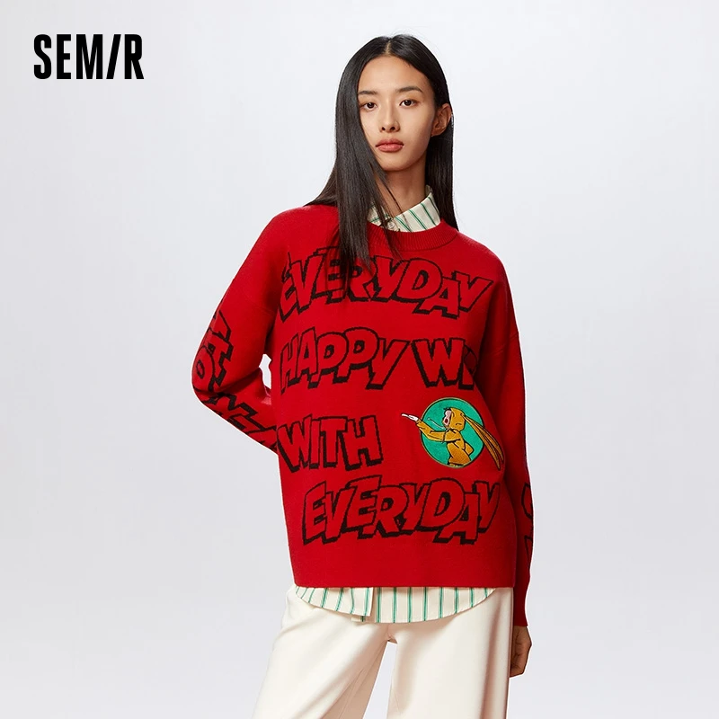 Semir Sweater Women Design Sense Letter Knitted Sweater Spring Loose Embroidered Low Round Neck Pullover Top