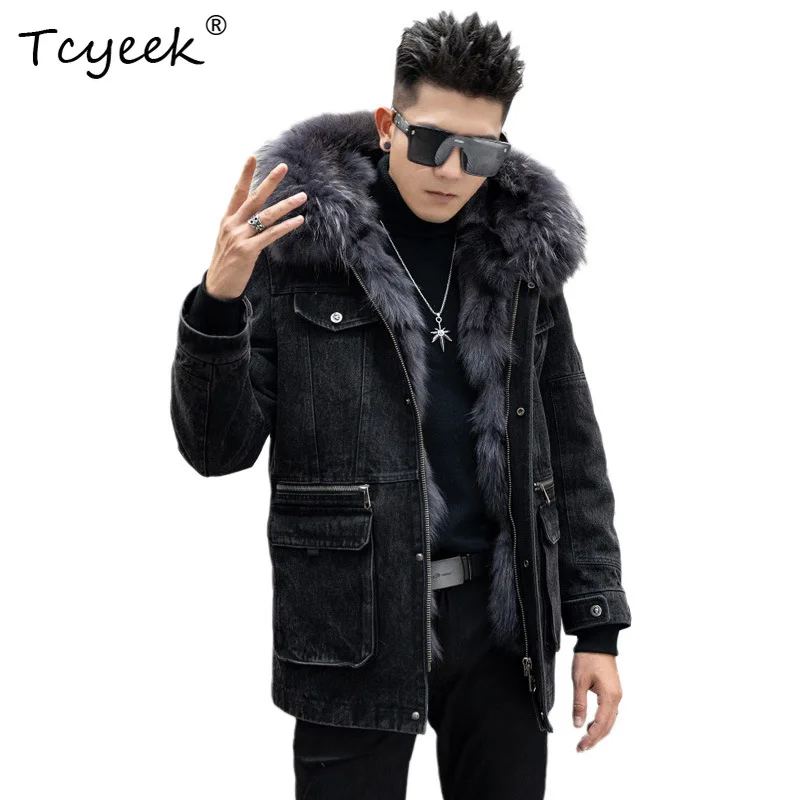 Tcyeek Real Fox Fur Coat Men Mid-long Men Parka Warm Winter Jackets for Men Clothing Cowboy Raccoon Fur Collar Куртка Мужская