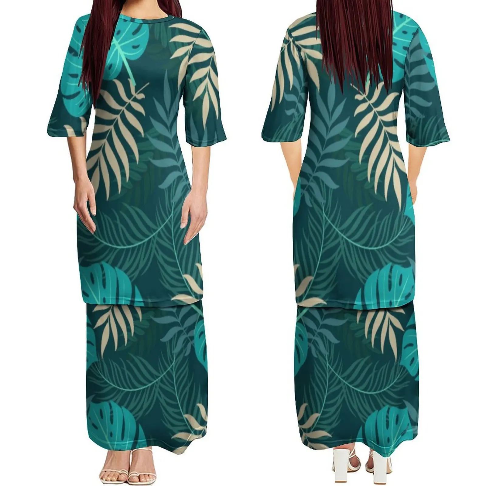 Vestido de dupla camada para mulheres com gola redonda e manga média personalizado hibisco padrão verão puletasi vestido elegante e emagrecedor