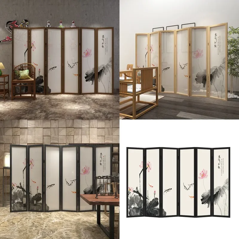 Modern Chinese Folding Screen Partition Movable Room Divider for Living Room Tea Space Lotus Design Home Decor