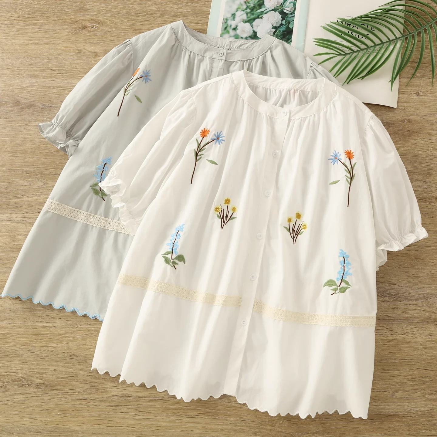 

Sweet mori girl style white floral embroidery shirts and blouses for women 100% cotton kawaii short sleeve tops cute clothes