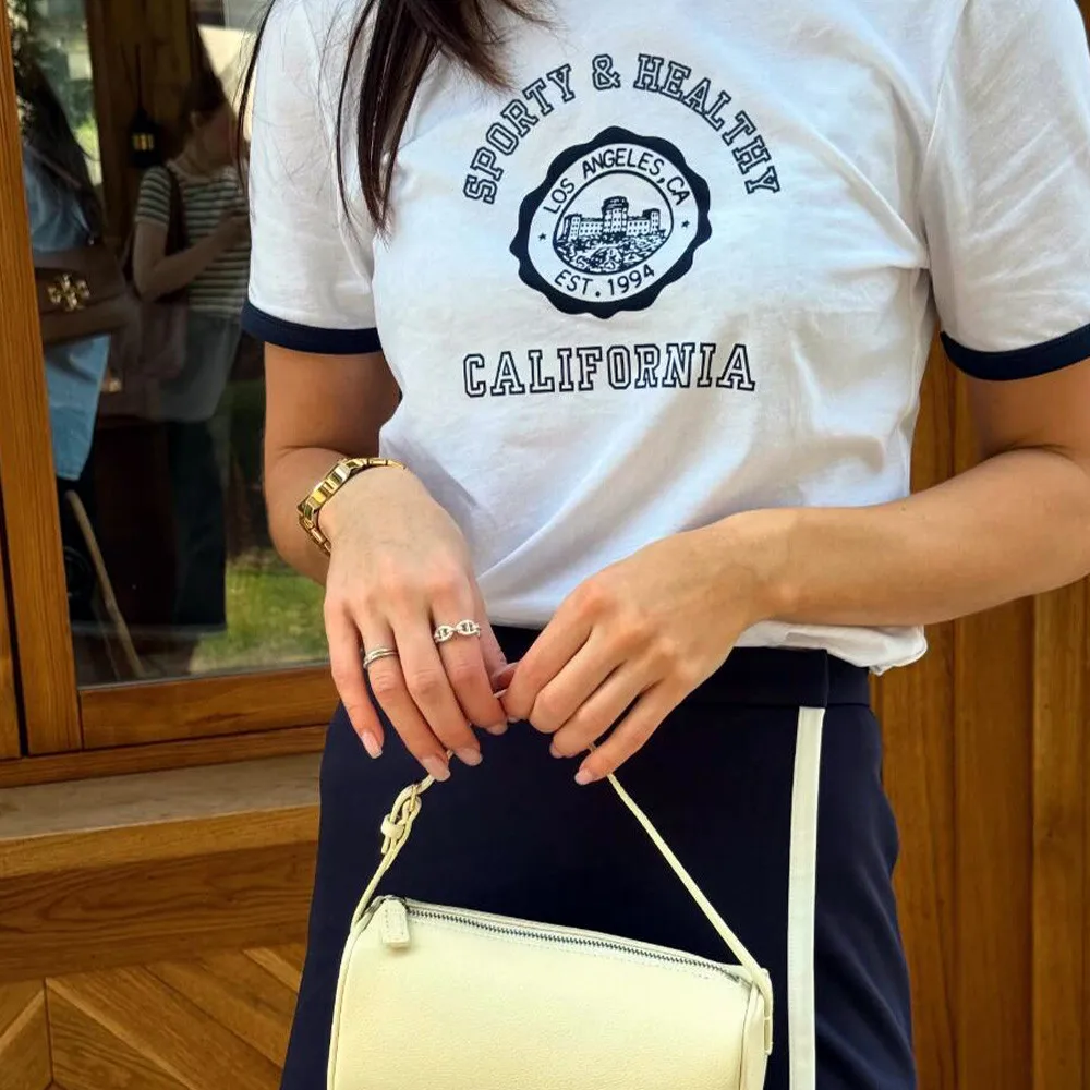 

Sport and Health Vintage Style Printing Ringer T Shirts Women Loose Cotton Casual Tops Tees Ins Fashion Short Sleeve Tshirt