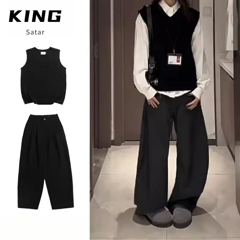 

Two-Piece Set Japanese Retro Layering Knitted Vest Sleeveless V-Neck Long Sleeve Pants Polyester Blend Autumn Wear