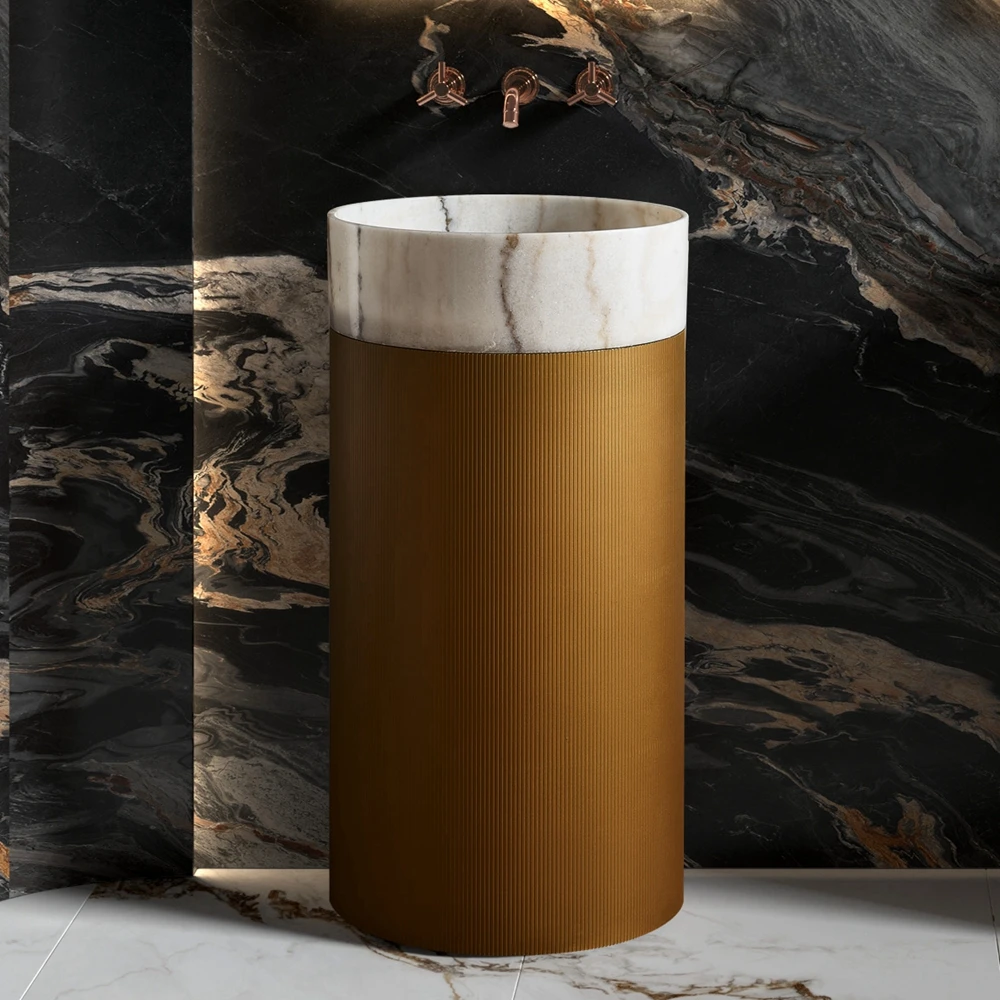 

New Arrival Free Standing Art Basin Designed White Marble Stone Wash Basin Gold Stainless Steel Pedestal Sink For Hotel Bathroom