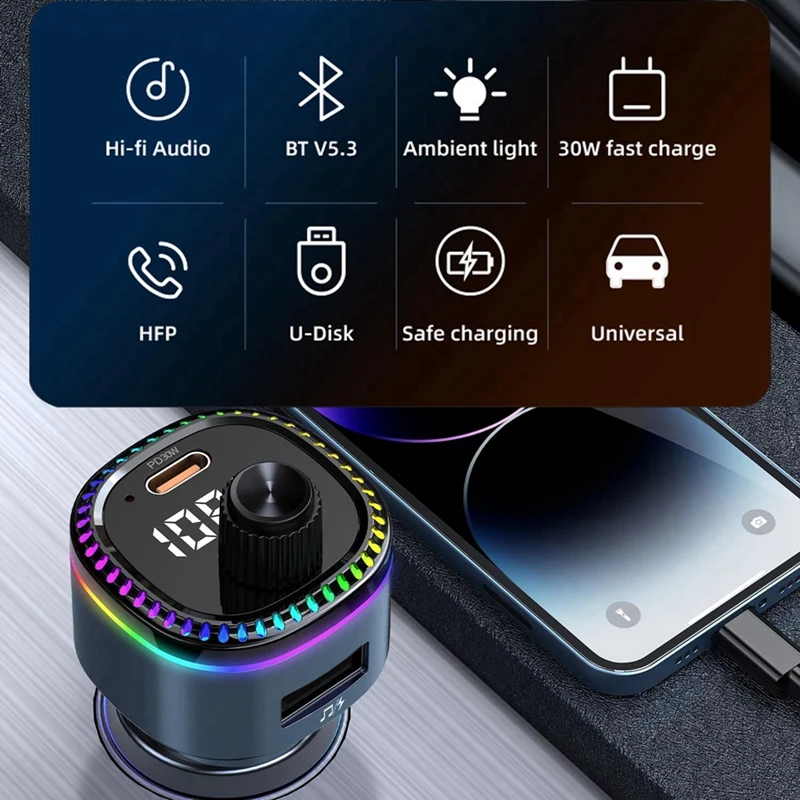 Bluetooth 5.3 FM Transmitter For Car, Bluetooth Car Adapter, Support MP3 Player, Handsfree Calling, LED Backlit, U Disk