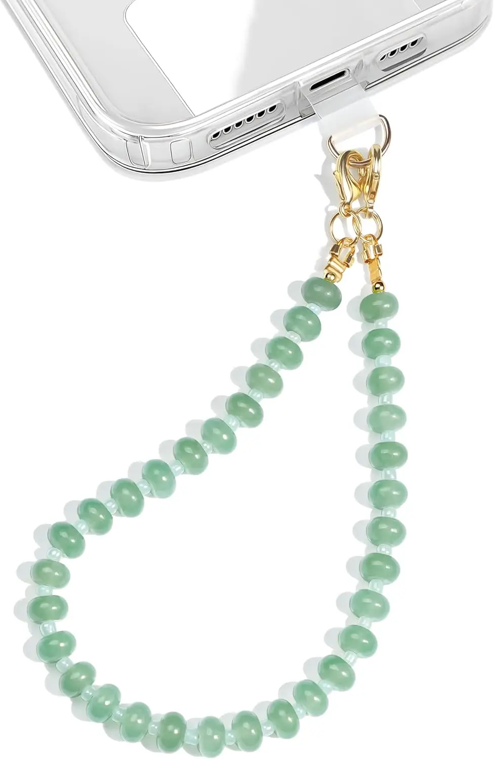 

Green Aventurine Beaded Phone Strap with Detachable Chain, Stainless Steel Core