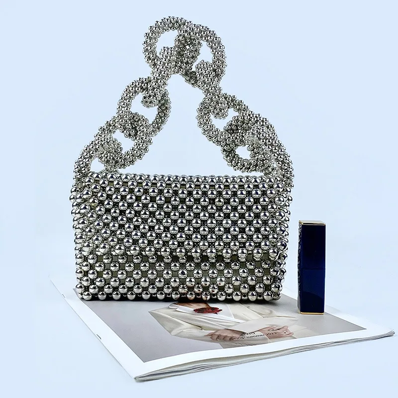 High Quality Silver Acrylic Beaded Evening Bag Luxury Design Heavy Beaded Small Square Bag Female Wedding Party Shoulder Bag