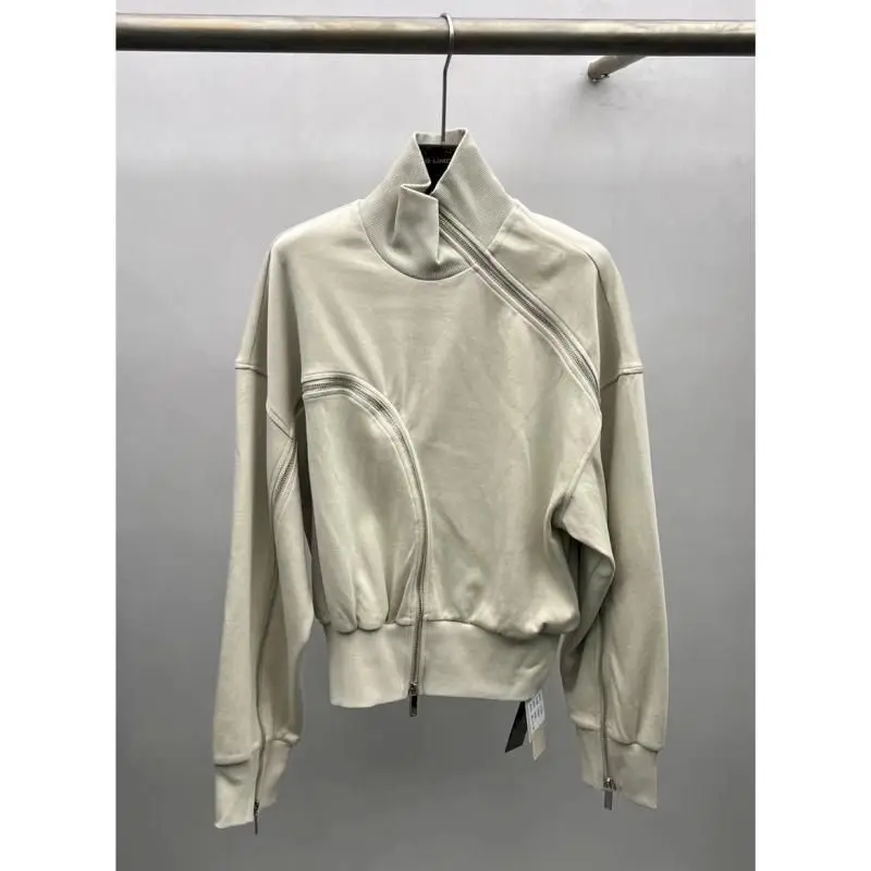 Fashion Pullovers Women Niche Design Stand Collar Pullover Arc Zipper Irregular Long Sleeve Tops Spring Autumn Trend Y2k Clothes