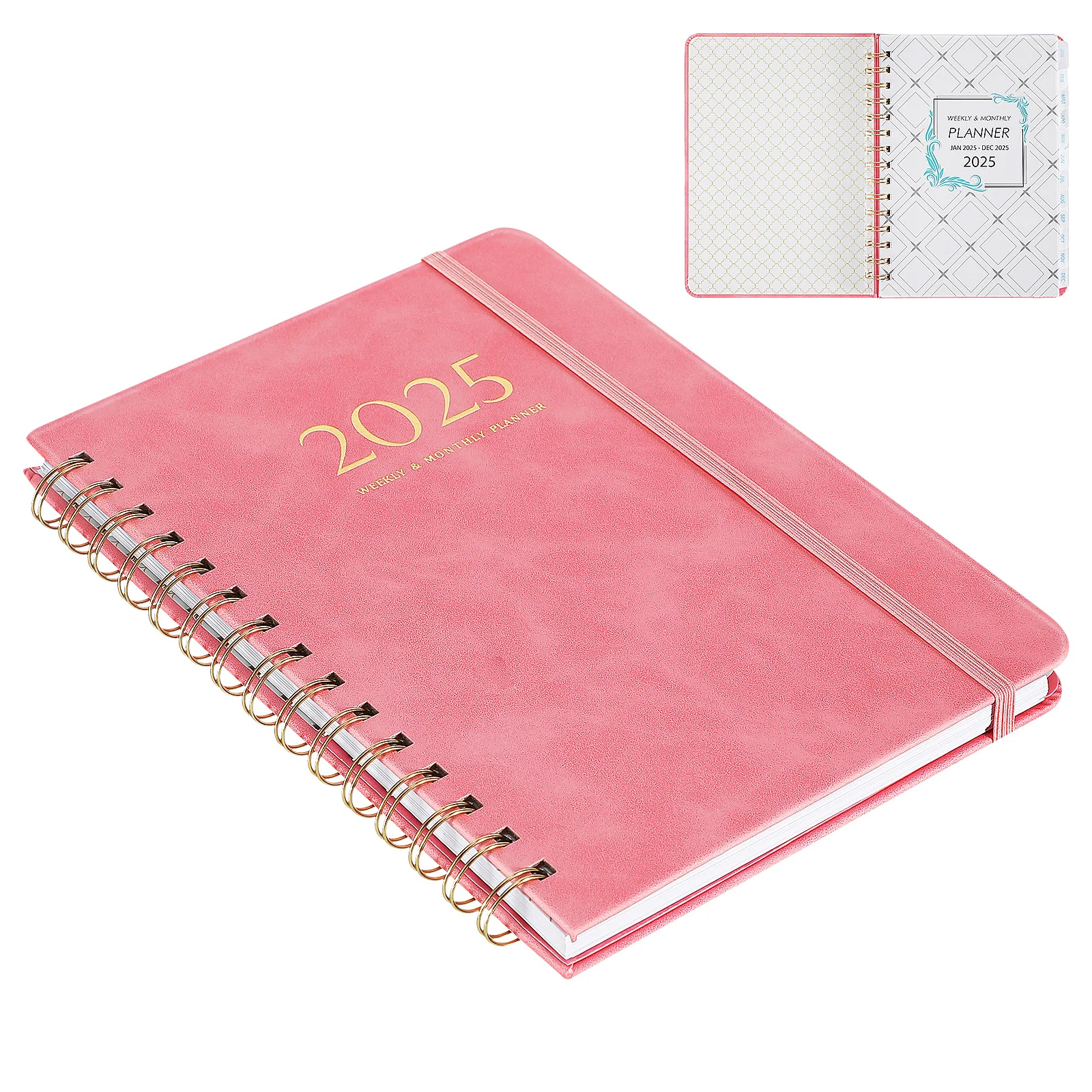 

Pink 2025 Monthly Planner Daily Notebook Weekly Agenda Spiral Bound Thick Cover Strap Portable Notepad Sturdy Pages Writing